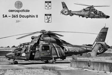 Dessin réaliste en noir et blanc de l'hélicoptère SA365 Dauphin