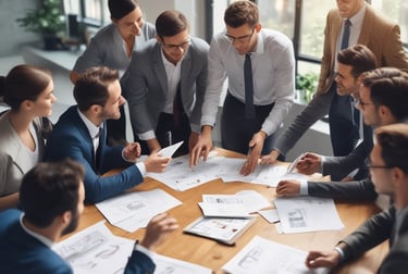 A professional team discussing management solutions.