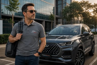 Engenheiro com mochila e óculos ao lado de SUV Caoa Chery Tiggo em ambiente corporativo moderno.