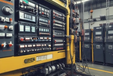 A blue industrial crane is positioned atop a large pile of scrap metal. The structure is silhouetted against a cloudy sky, with metal beams and wires forming part of the complex environment.