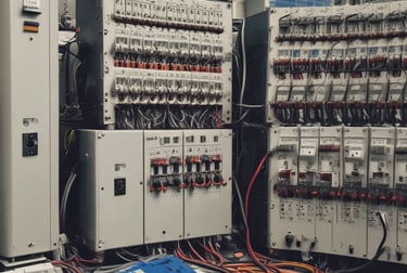 A blue industrial crane is positioned atop a large pile of scrap metal. The structure is silhouetted against a cloudy sky, with metal beams and wires forming part of the complex environment.