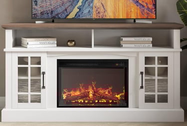 fireplace tv stand in cream with wood accents