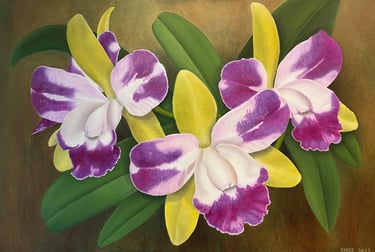 Three Lime and Purple Cattleyas