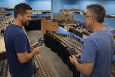 Two people operating model trains at the Gilbert Model Railroad Club.