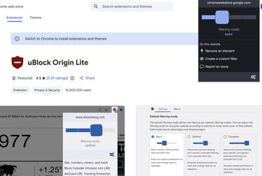 uBlock Origin Lite extension page on Chrome Web Store showing ad blocker features and settings.