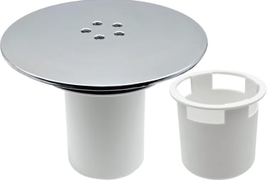 a white toilet with a white sink and a white trash canister