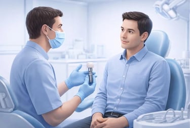 Dentist explaining dental implant safety to a patient during consultation