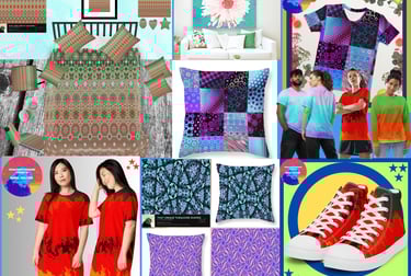 Digital images of creative apparel and decor ideas tshirt dress, throw pillow, duvet cover, wall art