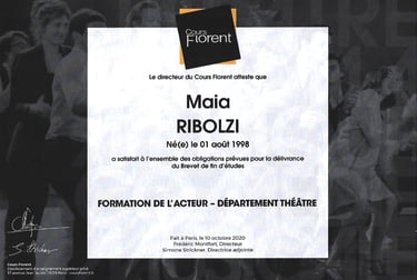 Diplôme de Théâtre du Cours Florent de Paris décerné à Maia Ribolzi