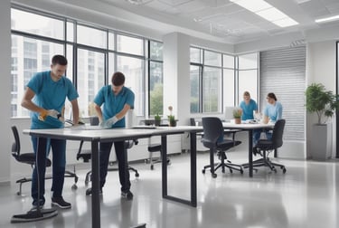 a man and woman in blue shirts and blue jeans are standing in a room with cleaners cleaning offices
