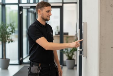 A technician in a black polo shirt tests a Manchester office access control system.