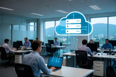 Business professional in Burlington VT office backing up business data to the cloud for fast recovery from data loss