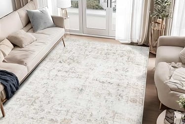 Modern distressed area rug in a bright living room with neutral sofa and large windows.