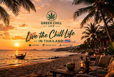 Tropical beach sunset in Thailand with palm trees and relaxing chill atmosphere representing cannabis lifestyle thailand