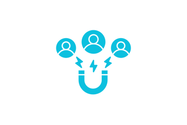 Blue icon showing a magnet attracting people icons representing customer acquisition and lead generation.
