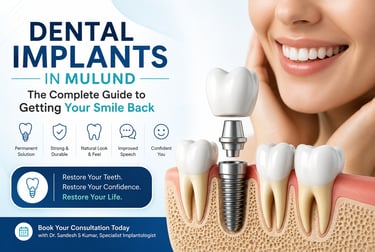 Diagram showing dental implants in Mulund with an anatomical model and a smiling woman.