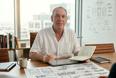 Principal consultant leading a brand architecture strategy session, with wireframes, digital tablets