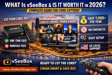 vSeeBox streaming device on a TV with Chicago skyline background promoting cord cutting and no month