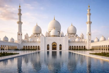 Sheikh Zayed Grand Mosque in Abu Dhabi, United Arab Emirates, famous for its monumental white domes.