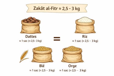 Répartition de la Zakat al-Fitr : environ 2,5 à 3 kg de nourriture par personne, comme du blé, du riz, des dattes de l’orge