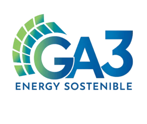 GA3 Energy Sostenible logo featuring blue text and a green solar panel graphic for renewable energy.