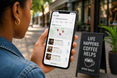 Customer using a smartphone to search for nearby businesses on Google Maps.