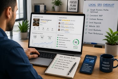 Small business owner reviewing local SEO improvements and Google Business Profile optimisation.