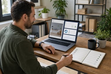 Small business owner reviewing a website-maintenance checklist, backups, updates, security and recov