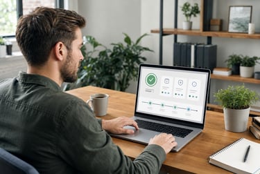 Small business owner reviewing website updates, backups and technical maintenance on a laptop.