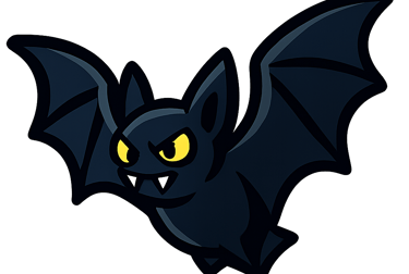 A cute cartoon vampire bat illustration with yellow eyes and fangs flying on a black background.