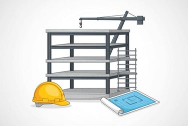 Ilustración de un sitio de construcción con la estructura de un edificio, una grúa, un casco