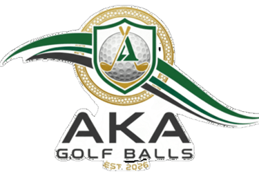 AKA Golf Balls logo featuring a golf ball shield and clubs with green and gold accents.