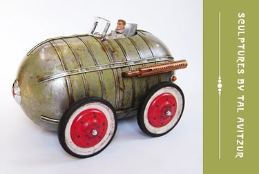 Postcard with image of car sculpture by artist Tal Avitzur.
