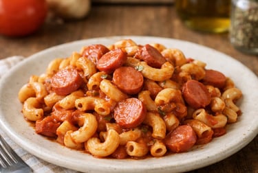 macarrão simples e barato com salsicha ao molho de tomate