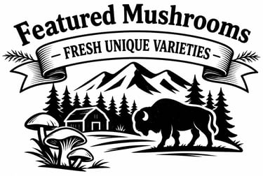 Vintage Featured Mushrooms logo featuring a bison, wild mushrooms, and mountains in a rustic forest landscape.