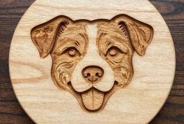Custom wood carving of a smiling dog's face on a round timber plaque for pet memorial wall art.