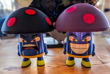 Production versions of Emulab Shrooman LED lights. These have PLA carbon fibre shroom tops.