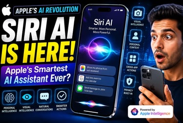 Siri AI YouTube thumbnail featuring Apple's AI Revolution headline, futuristic iPhone displaying Sir