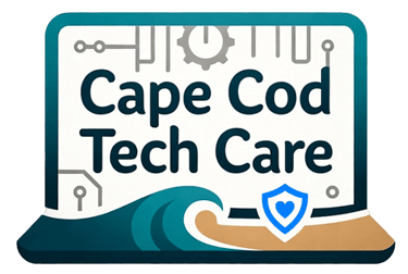 Cape Cod Tech Care logo featuring a laptop screen with ocean waves and a blue security heart shield.