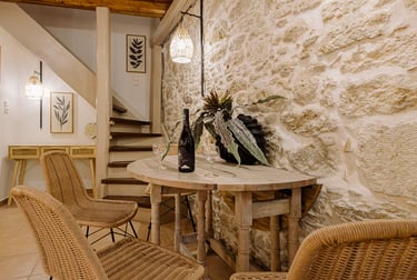 Tonia's Cottage dinning table with chairs and beautiful lamps