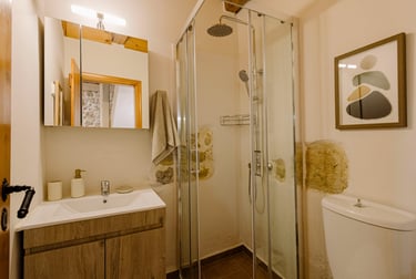 A bathroom with a toilet and a shower in Tonia's Cottage