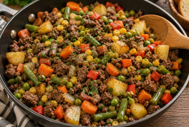 Beef & Vegetable Skillet  Description: Lean ground beef cooked with colorful vegetables for a quick 