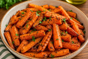 A bowl of honey roasted carrots garnished with fresh parsley on a wooden table.