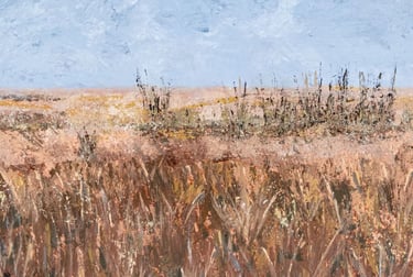Close-up of textured acrylic painting showing layered brushstrokes of warm brown and beige grasses in a field.
