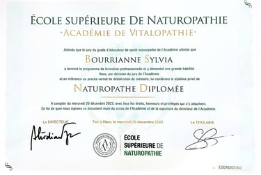 Diplôme de naturopathe de base scientifique de Sylvia Bourrianne, école de naturopathie AVCN
