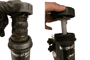 Filtre à boue magnétique avant après nettoyage lors d'un nettoyage circuit chauffage à Lyon