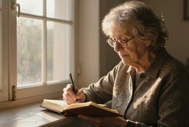 Elderly woman writing in journal by window, warm golden light, peaceful wisdom