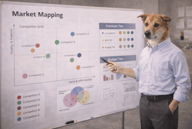 A dog in a business shirt presenting a market mapping competitor analysis chart
