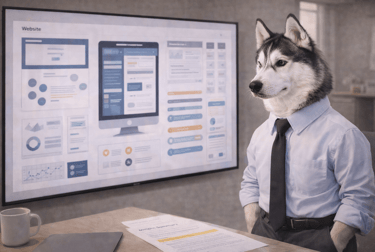 A Siberian Husky dressed in a shirt and tie presents a website UI design and data analytics on a large monitor.