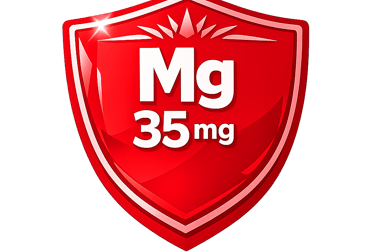 Red glossy shield icon showing Mg 35mg magnesium mineral supplement dosage